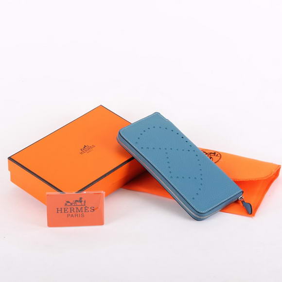 1:1 Quality Hermes Togo Leather Perforated Zippy Wallet 9032 Blue Replica